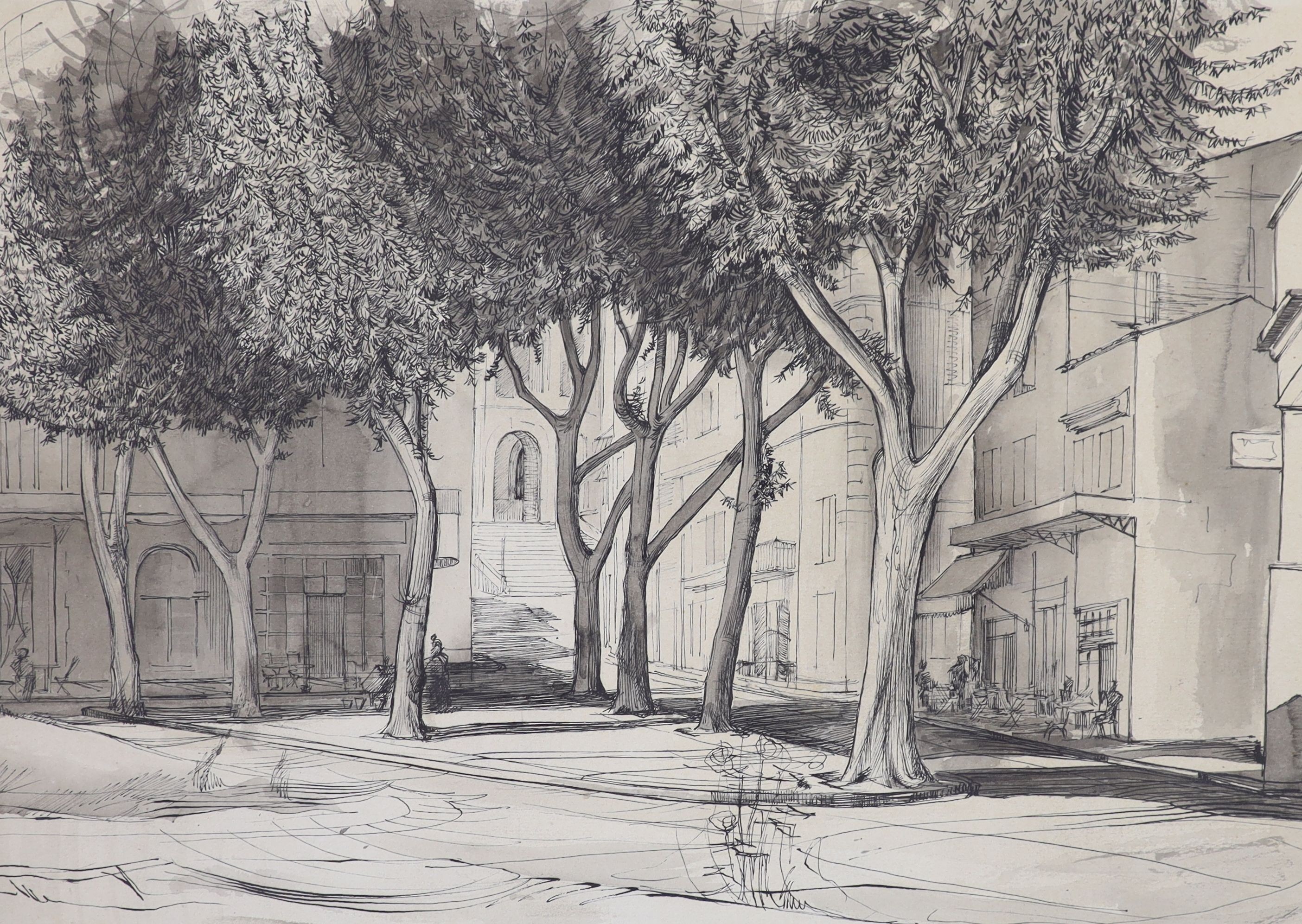 Tom Pomfret (French, 1920-1997), two pen and ink drawings and an oil on card, French views, largest 30 x 44cm